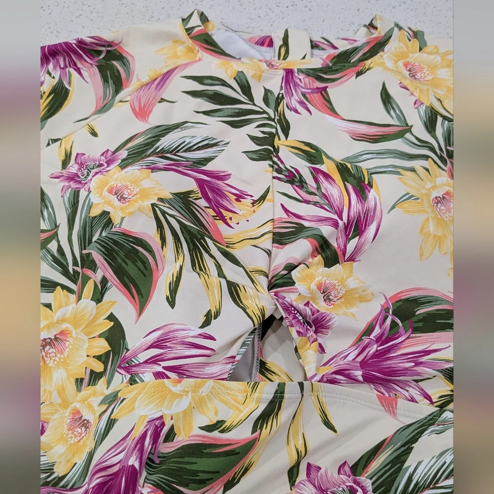 NWT Freshwater Floral One Piece Swimsuit Long Sleeve Bathing Suit Yellow XXL